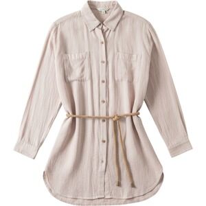 Pure Jill Womens Linen Blend Button Down Tunic Shirt Belted‎ Beige Petite Large
